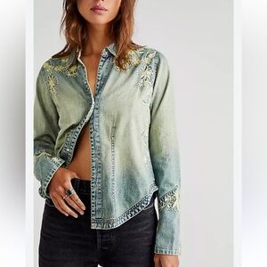 Floral Embroidered Free People Dolores Denim Button Down Shirt